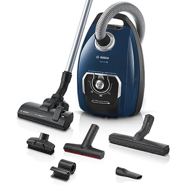 Bosch Staubsauger mit Beutel Serie 8 BGB75X494, Bodenstaubsauger, ideal für Allergiker, Hygiene-Filter, Bodendüse für Parkett, Teppich, Fliesen, langes Kabel, leise, 650 W, blau im Sale